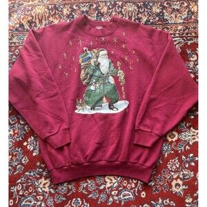 VTG 90s Holiday Santa Fruit Of The Loom Red Pullover Sweatshirt  L Puff Paint